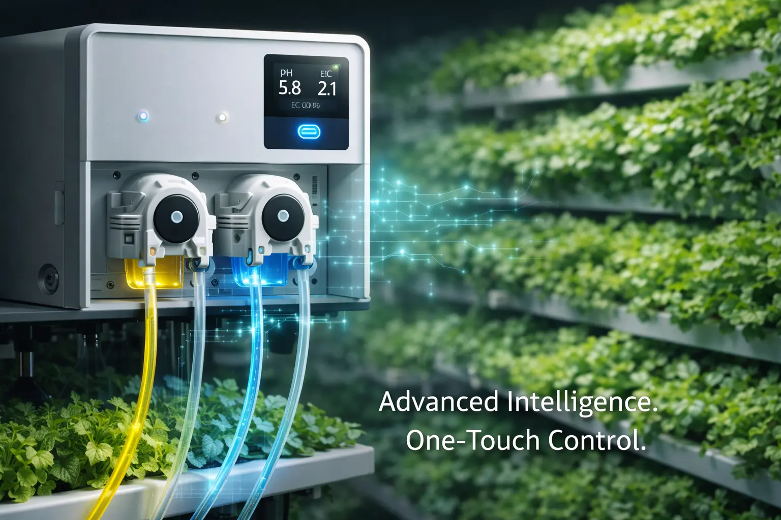 Diagram: Sensors feed data to AI doser to stabilize pH and EC